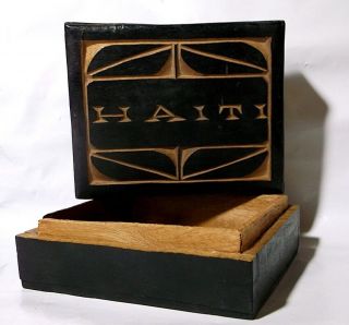 Vtg Hand Carved Rectangular Black Haiti Wooden Trinket Box 4.  75 " W X 3.  75 " D