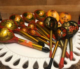 Set Of 17 Spoons Russian Folk Art Lacquered Wood Painted Red Gold Black Vintage