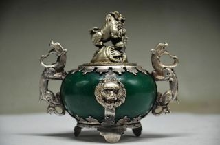 Chinese Silver Dragon Inlaid Jade Handmade Carved Lion Incense Burner