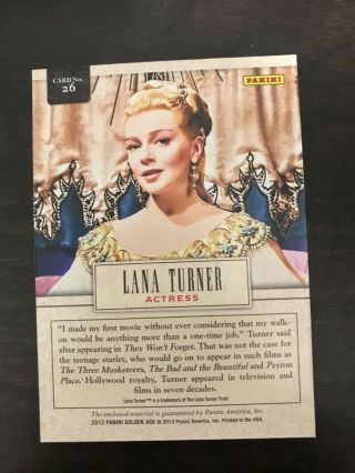 Lana Turner,  2013 Panini Golden Age Museum Age Memorabilia 26 2