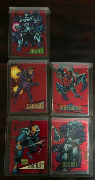 1993 Skybox Marvel Universe Iv Red Foil 2099 Cards 1,  4,  5,  7 & 8 W/spiderman.