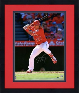 Framed Mike Trout Los Angeles Angels Signed 16 " X 20 " Red Hitting Photo
