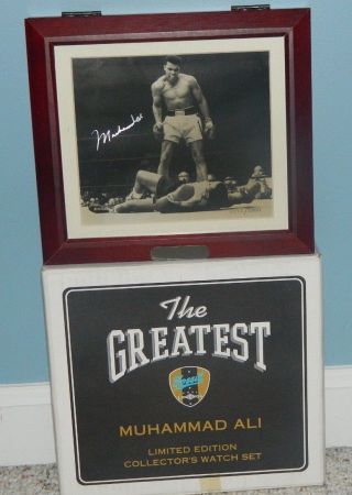 MUHAMMAD ALI SIGNED PHOTO OVER LISTON FOSSIL WATCH SET LIMITED EDITION 2