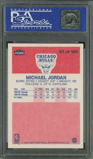 1986 Fleer 57 Michael Jordan Chicago Bulls RC Rookie HOF PSA 9 CENTERED 2