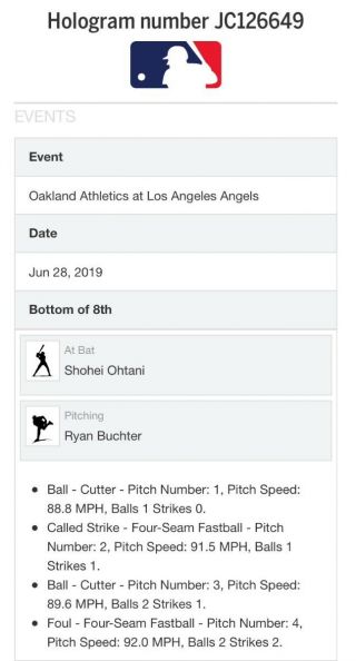 6/28/19 Athletics@Angels Shohei Ohtani Game Ball Ryan Buchter 2