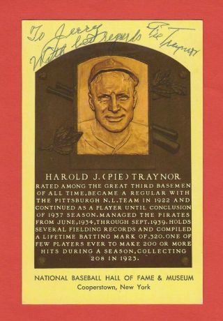 Pie Traynor Signed Gold Hall Of Fame Plaque Postcard Pittsburgh Pirates Jsa