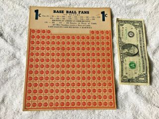 Vintage Base Ball Fans Punch Card Board Game 1 Cent Nos Baseball Sign Rare