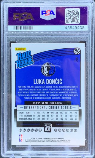 Luka Doncic 2018 - 19 Donruss Optic Rated Rookie PSA Gem 10 2