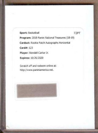 2018 - 19 National Treasures Rpa Wendell Carter Jr.  Rc Auto Patch Redemption