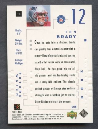2000 SP Authentic 118 Tom Brady Patriots RC Rookie /1250 PACK FRESH 2