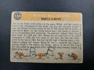 1960 Topps Mickey Mantle,  Ken Boyer Rival All Stars 160 Baseball Card 2