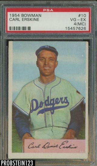1954 Bowman 10 Carl Erskine Brooklyn Dodgers Psa 4 (mc) Vg - Ex