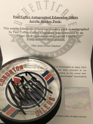 Uda Paul Coffey Acrylic Edmonton Oilers Autograph Puck With Ud Cert Auto