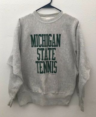 Michigan State Spartans Tennis Vintage Light Gray Crewneck Sweatshirt Large Msu