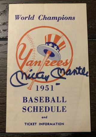 1951 Autographed Mickey Mantle Rookie Year Ny Yankees Schedule
