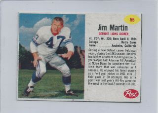 1962 Post Cereal Football 55 Jim Martin Detroit Lions