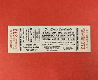 1966 St.  Louis Cardinals Busch Stadium Builders Appreciation Nite Ticket 5/31