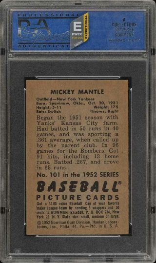 1952 Bowman SETBREAK Mickey Mantle 101 PSA 8 NM - MT (PWCC - E) 2