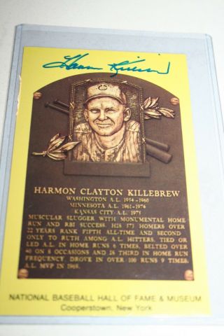 Harmon Killebrew Hof Signed Yellow Plaque Post Card Auto Autograph