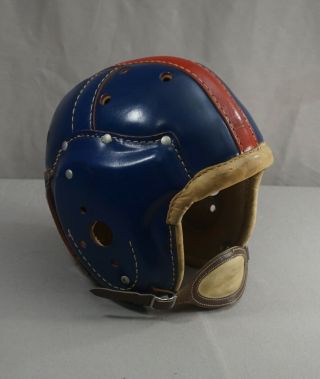 FINE MINTY 1940 ' S MACGREGOR LEATHER FOOTBALL HELMET RED AND BLUE 8