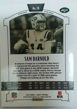 2018 PANINI LEGACY SAM DARNOLD RC GOLD REFRACTOR D 25 2