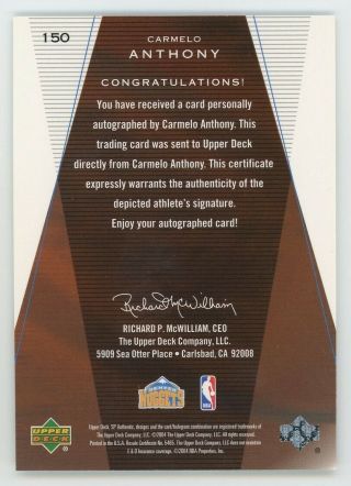 2003 - 04 Carmelo Anthony Upper Deck Sp Authentic Auto Rookie Rc 376/500 2