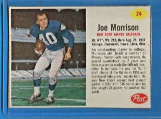 1962 Post Cereal Football Card 24 Joe Morrison (sp) - York Giants