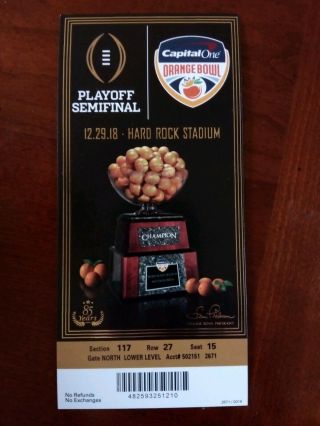 2018 Orange Bowl Alabama Vs Oklahoma December 29,  2018 Ticket Stub