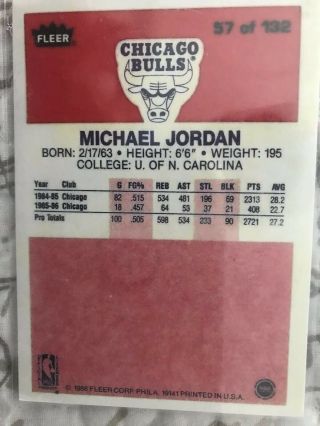 1986 - 87 Fleer Michael Jordan 57 Chicago Bulls RC 100 Authentic Fresh Pack Pull 4