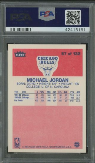 1986 Fleer 57 Michael Jordan Chicago Bulls RC Rookie HOF PSA 9 HOT CARD 2