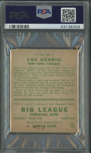 1933 Goudey 92 Lou Gehrig York Yankees HOF PSA 2 (MK) ICONIC CARD 2