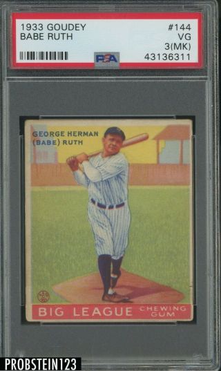 1933 Goudey 144 Babe Ruth York Yankees Hof Psa 3 (mk) Iconic Card