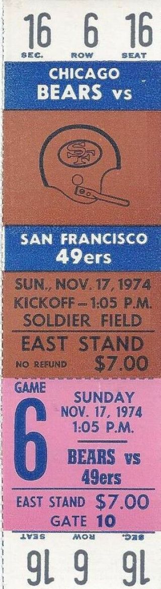 1974 Nfl San Francisco 49ers @ Chicago Bears Full Football Ticket
