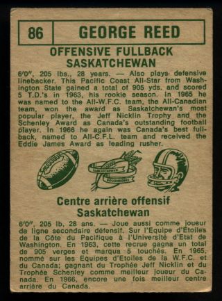 1968 OPC CFL FOOTBALL 86 GEORGE REED VG - EX Saskatchewan Roughriders Washington 2