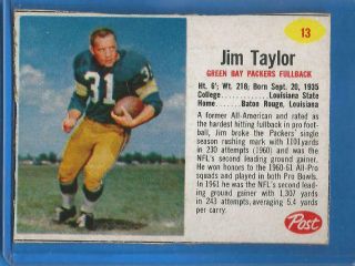 1962 Post Cereal Football Card 13 Jim Taylor - Green Bay Packers