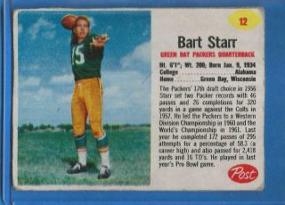1962 Post Cereal Football Card 12 Bart Starr - Green Bay Packers
