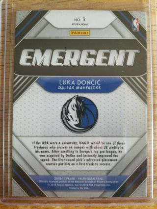 LUKA DONCIC 2018 - 19 Prizm SILVER EMERGENT 3 Rookie Card - RC ROY MAVS 2