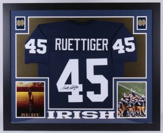 Rudy Ruettiger Signed Notre Dame Fighting Irish 35x43 Custom Framed Jersey (jsa)