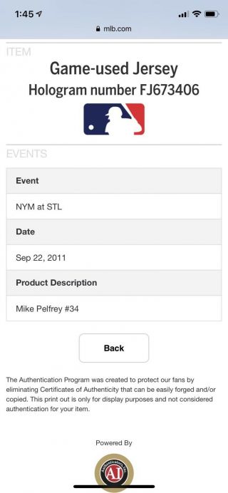 MIKE PELFREY YORK METS GAME WORN JERSEY MLB AUTHENTICATED SET 1 5