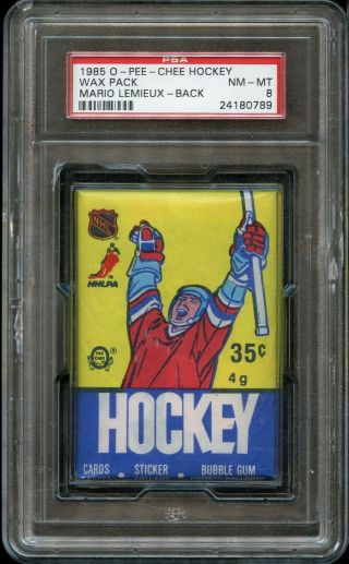 1985 O - Pee - Chee Opc Wax Pack Psa 8 W/ Mario Lemieux Rookie Showing On Back