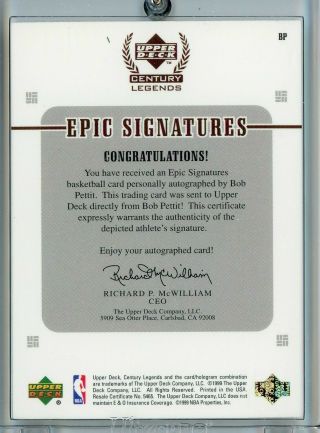 Bob Petit HOF Autograph 1999 Upper Deck Century Legends Epic Signatures 2