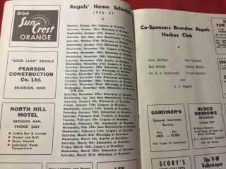 1956 - 57 WHL Brandon Regals vs.  Winnipeg Warriors Hockey Program 3