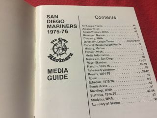 1975 - 76 WHA San Diego Mariners Hockey Media Guide/Yearbook 2