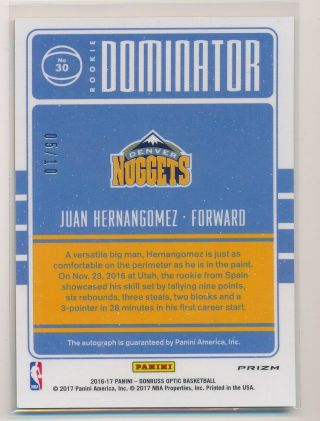 Juan Hernangomez 2016 - 17 Donruss Optic Rookie Dominator Gold Prizm Auto 5/10 G8 2