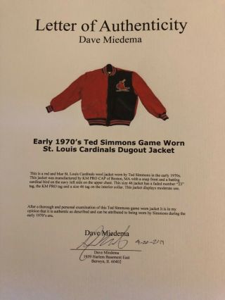 Early 1970’s Ted Simmons St.  Louis Cardinals Game Worn Dugout Jacket 10