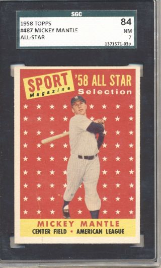 1958 Topps 487 Mickey Mantle All - Star Sgc 84 Nm 7