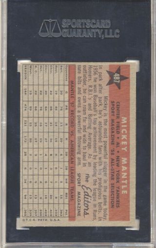 1958 Topps 487 Mickey Mantle All - Star SGC 84 NM 7 2
