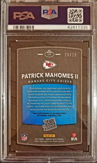 PATRICK MAHOMES 2017 OPTIC RATED ROOKIE AUTO GOLD HOLO PRIZM 10/10 1/1 PSA 9 CH 2