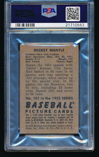 1952 Bowman MICKEY MANTLE 101 PSA 5 - No Creases 2