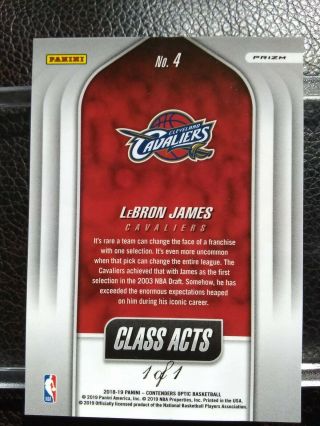 2018 - 19 Contenders Optic Class Acts LeBron James Gold Vinyl 1/1  2
